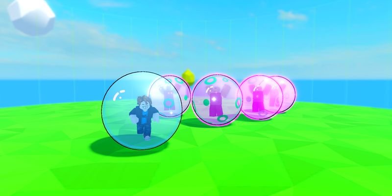 A player's bubble in front of a row of pink bubbles in a green arena