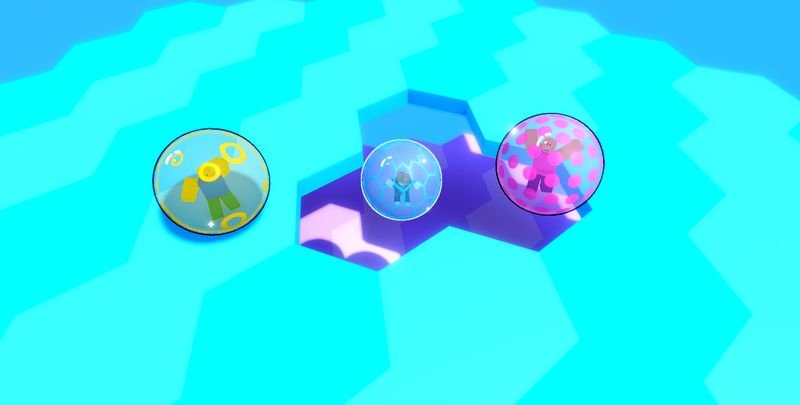 Three players in bubbles on a floor of hexagon tiles, with tiles missing beneath them