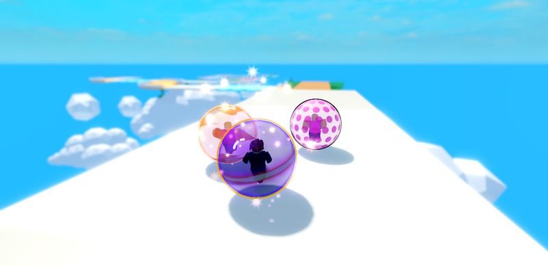 Bubbles with cosmetic skins rolling along a white track above the clouds