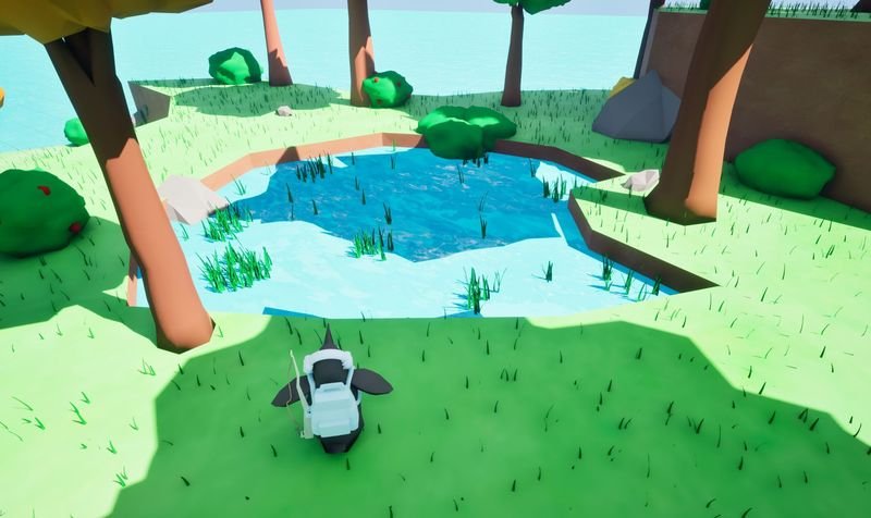 The penguin with his rod and backpack, looking over a pond on a grassy island