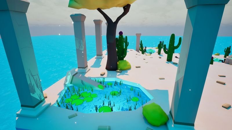 A lily pond among stone columns and cacti on a desert island