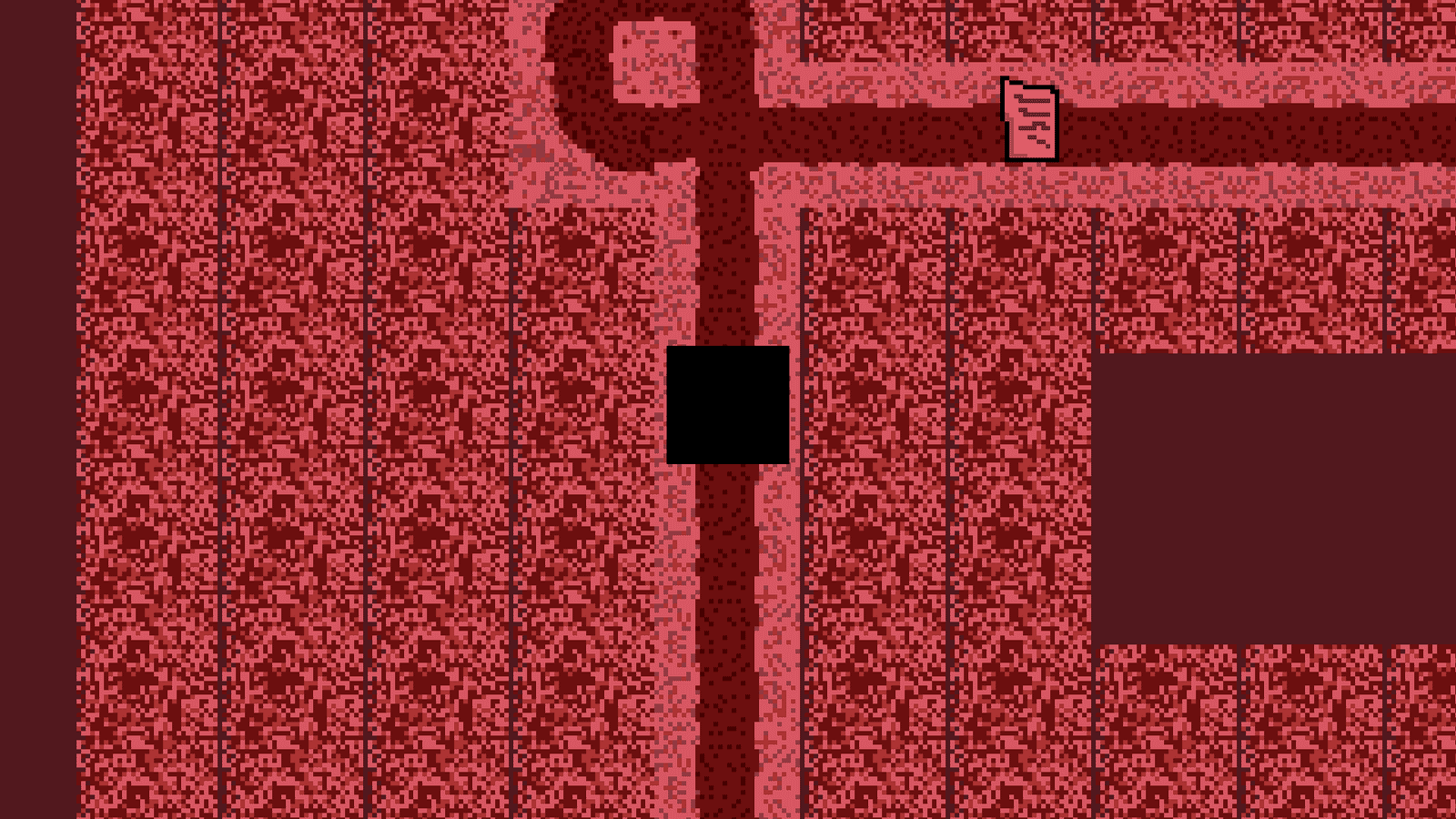 The square in a red pixel-art hallway near a paper note