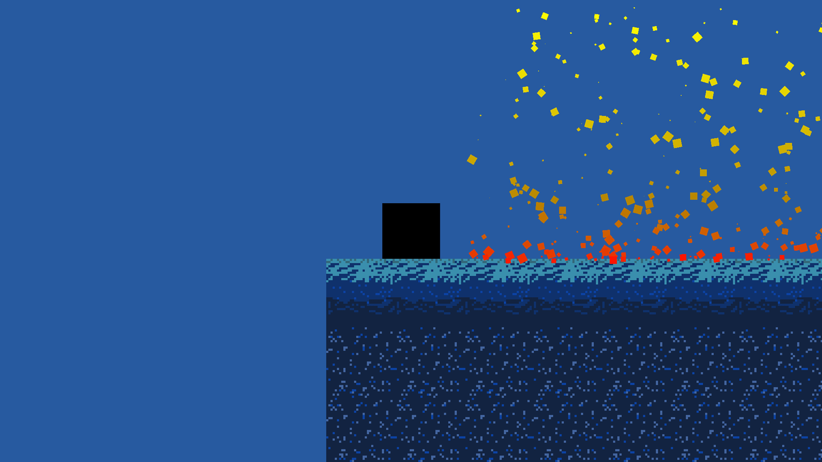 The black square on a blue pixel-art cliff as sparks burst behind it