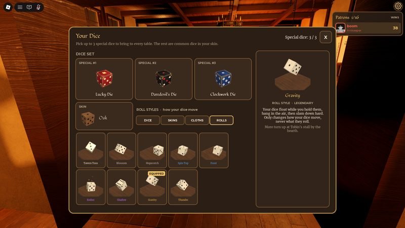 The dice loadout: three special dice, an Oak skin and a list of roll styles