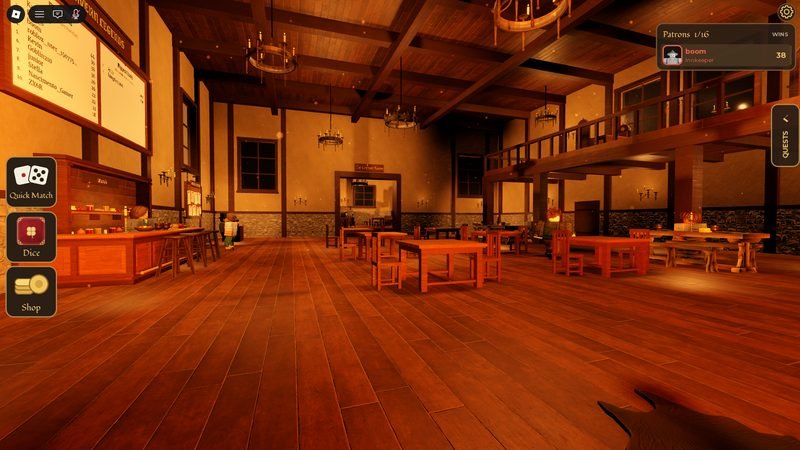 The tavern's main hall, lit by chandeliers, with the bar, tables, a balcony and the Tavern Legends leaderboard