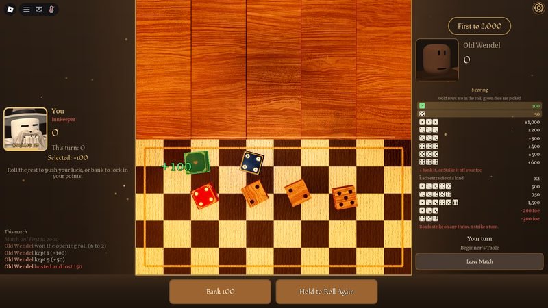 A match against Old Wendel: six dice on a checkered table, with the scoring guide and Bank and Roll Again buttons