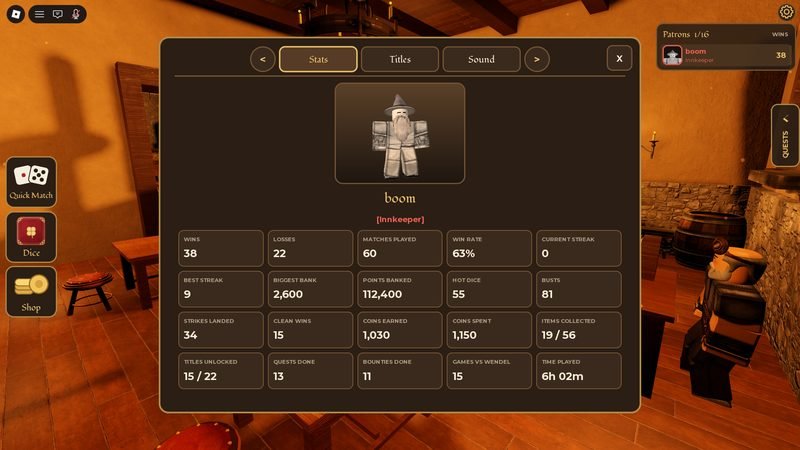 A player profile showing wins, streaks, hot dice, strikes and other stats