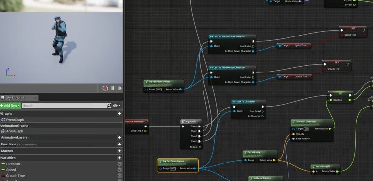 Animation Blueprint reading speed, direction, sprint and crouch states