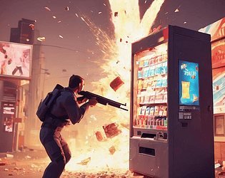 Vending Vengeance cover art: a soldier fires at an exploding vending machine